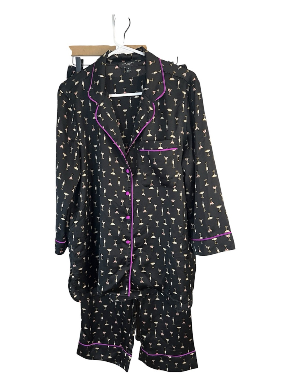 Ann Taylor Slinky Satin Black Martini-Print Pajama Set with Purple Trim